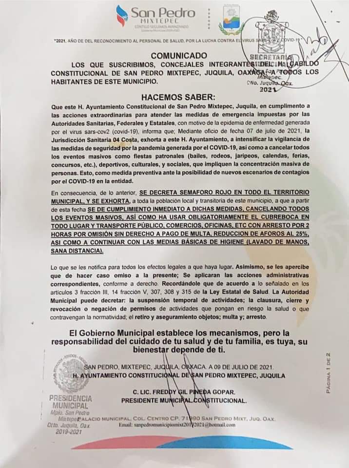 En semáforo Rojo por Covid el municipio de San Pedro Mixtepec