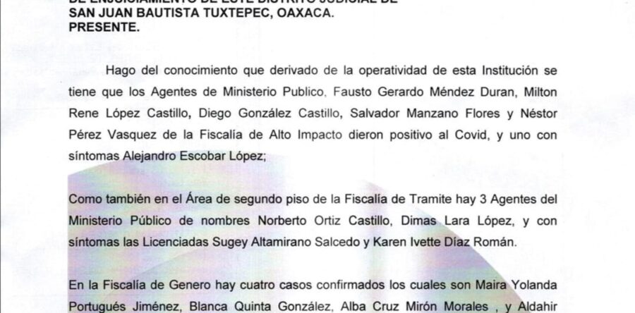 Por brote de Covid cierran vicefiscalía en Tuxtepec y en Juzgado en Teposcolula