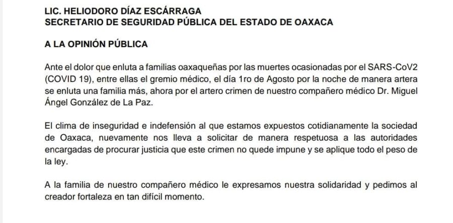El Colegio Médico de Oaxaca  exige justicia para Miguel Ángel