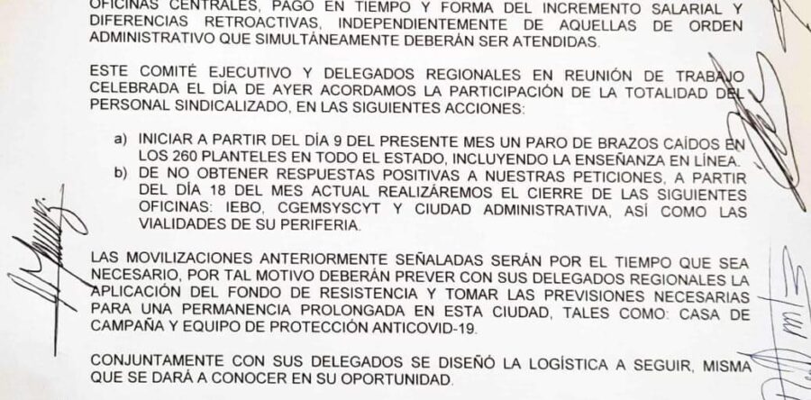Anuncia el SUTIEBO paro de brazos caídos