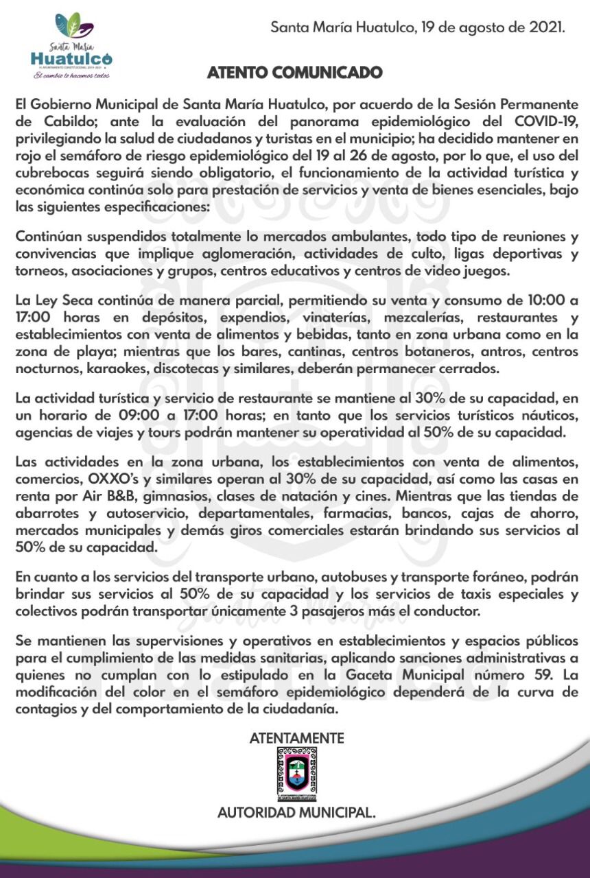 En color rojo el semáforo epidemiológico por Covid-19 en Huatulco
