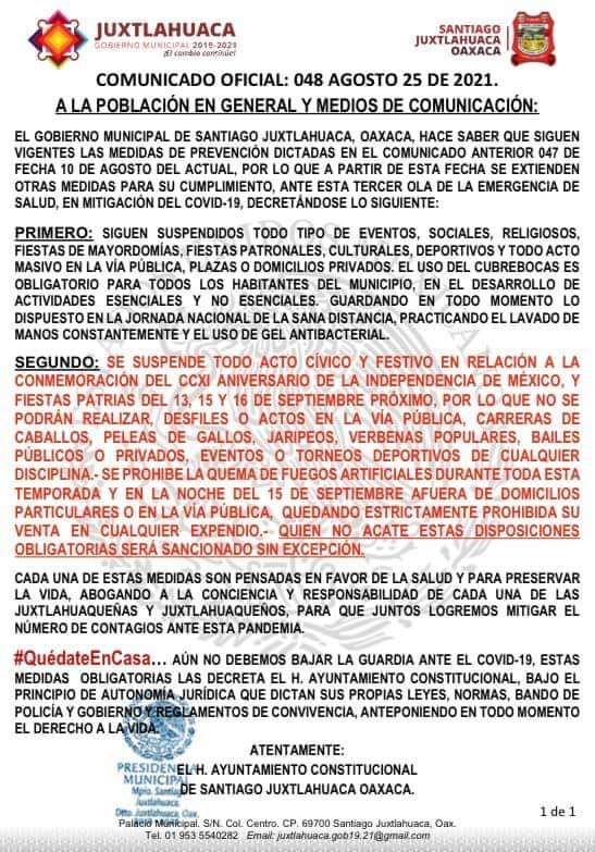 Suspenden fiestas patrias en Santiago Juxtlahuaca.