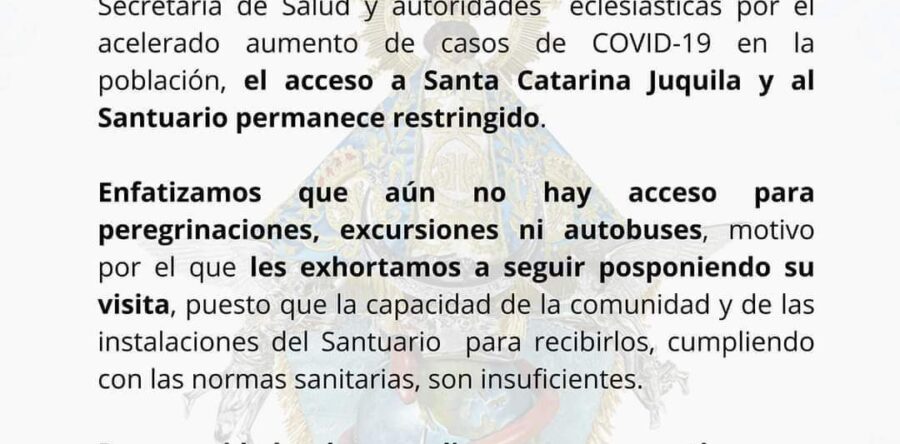 Cierran el santuario de la Virgen de Juquila