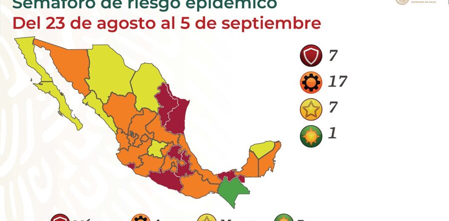 Semáforo covid: Solo 1 estado en verde; 7, en rojo; 17, en naranja; y 7, en amarillo