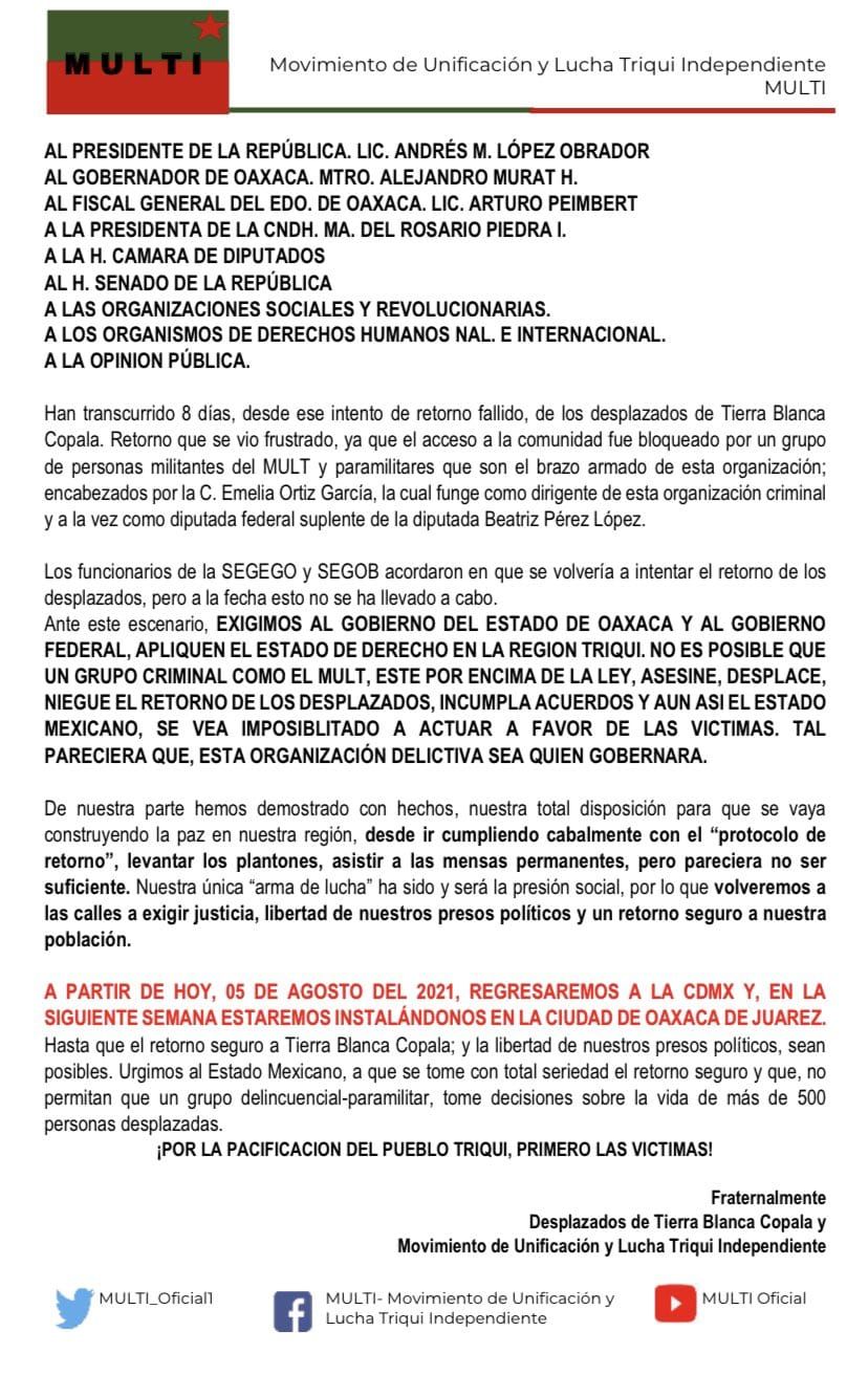 Se agudiza el conflicto en la zona Triqui, nuevamente instalaron su plantón