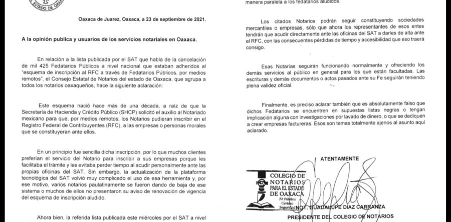 Lista de notarios publicada por el SAT, no se trata de fedatarios implicados en delitos