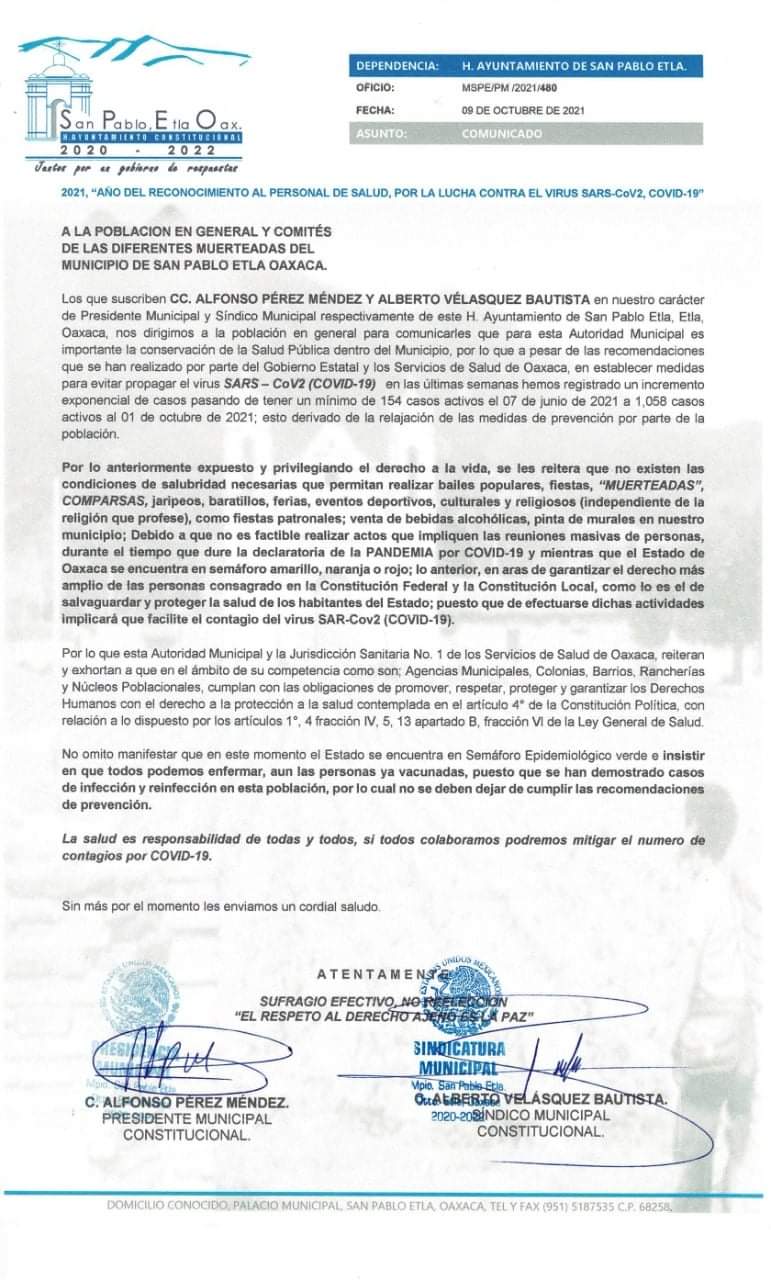 Cancelan las muerteadas en San Pablo Etla