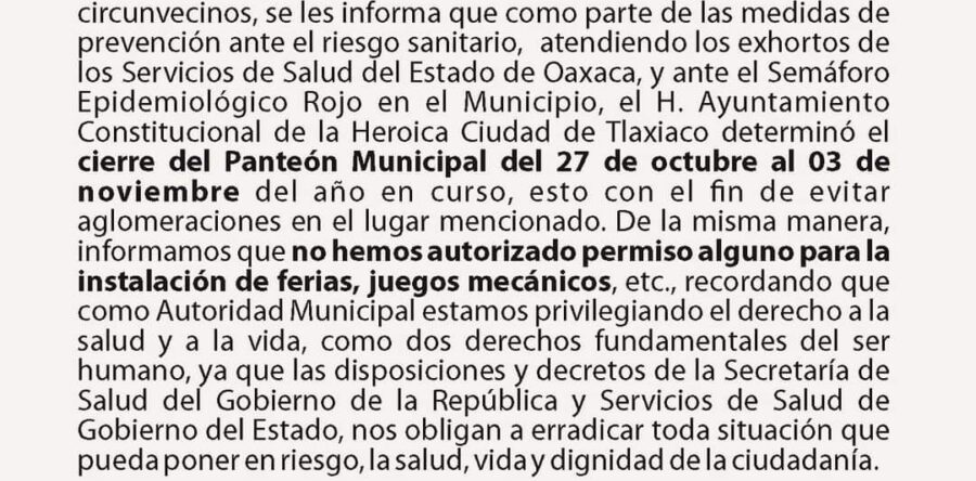 Suspenden actividades por Día de Muertos en Tlaxiaco