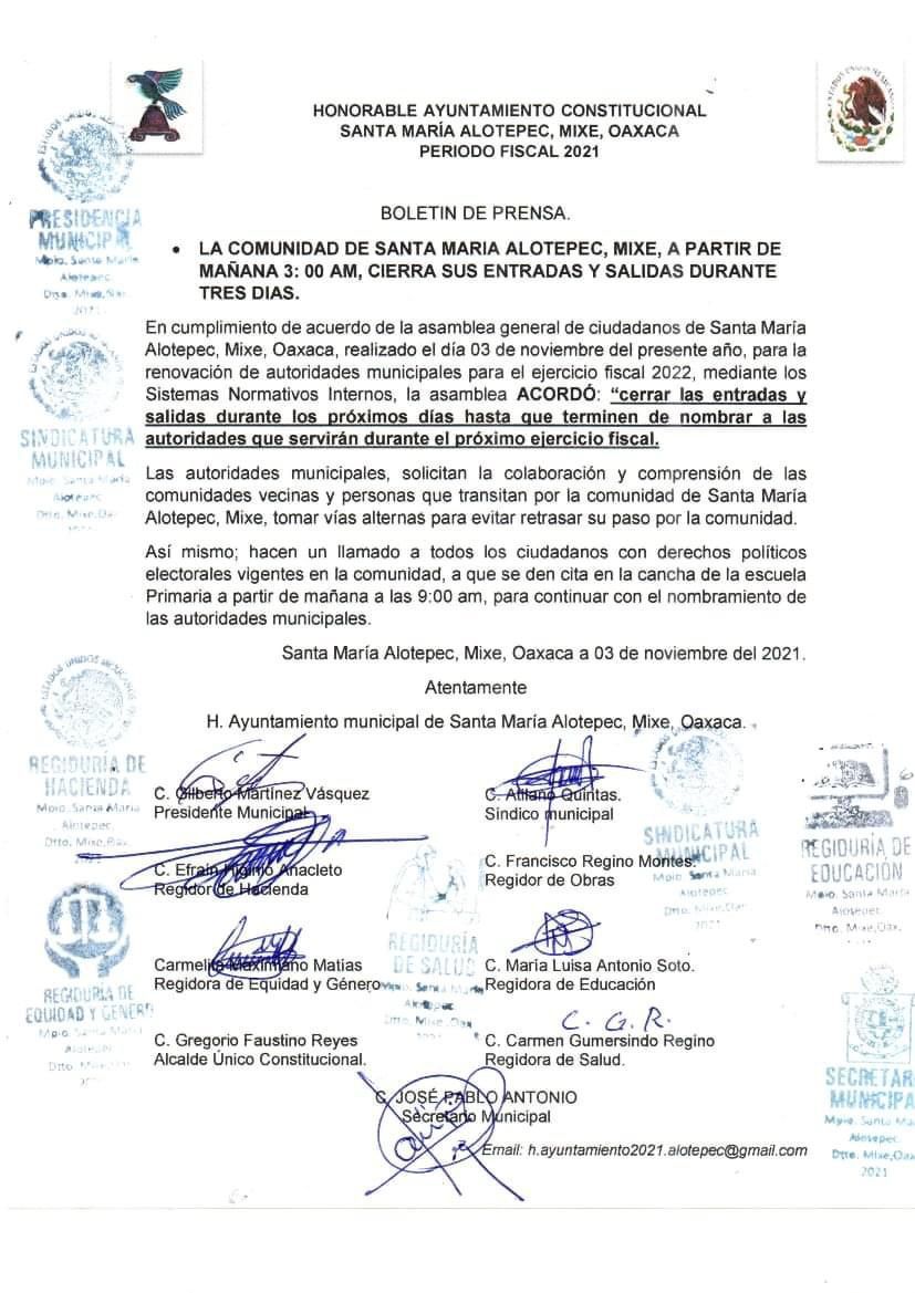 Cierran accesos a Santa María Alotepec por elección de su autoridad municipal