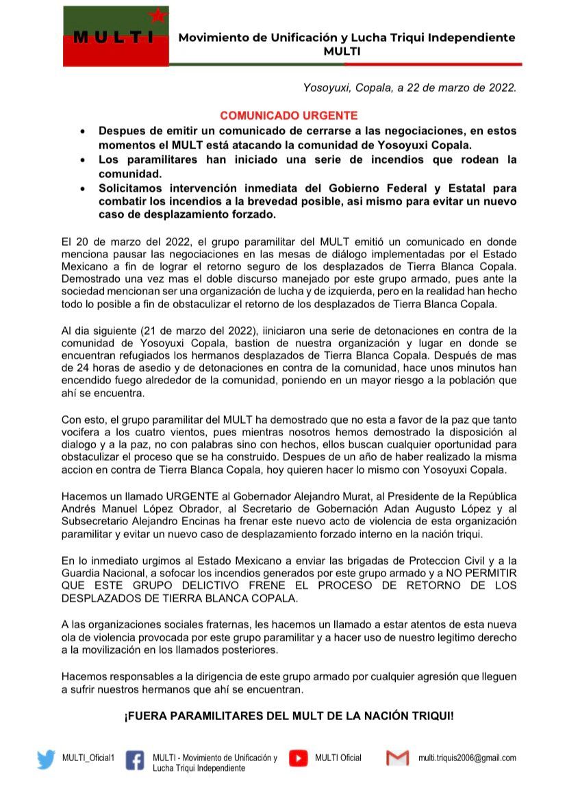 Acusan al MULT de los hechos violentos en Yosoyuxi, Copala