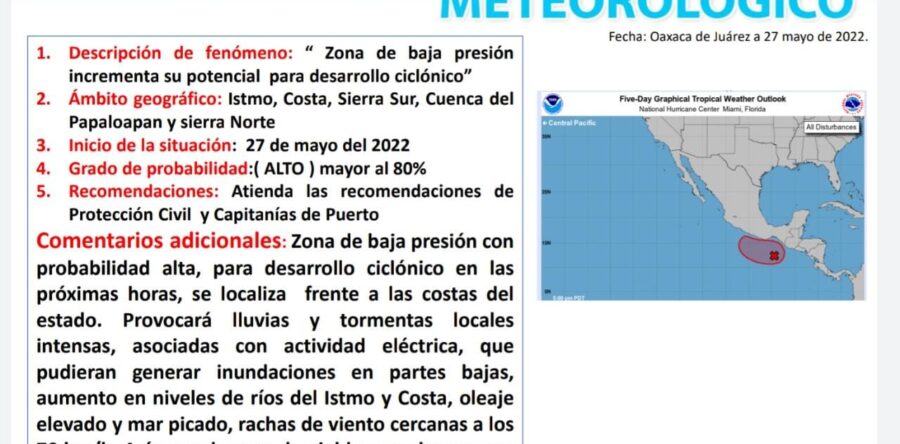 Advierte CEPCO el incremento de potencial para desarrollo ciclónico frente a costas de Oaxaca