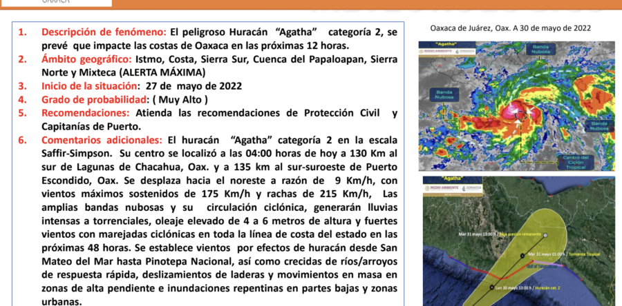 Huracán “Agatha” categoría 2, podría impactar en las costas de Oaxaca en las próximas 12 horas