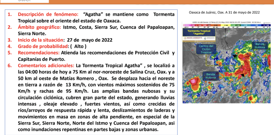 “Agatha” se mantiene como Tormenta Tropical sobre el oriente del estado de Oaxaca