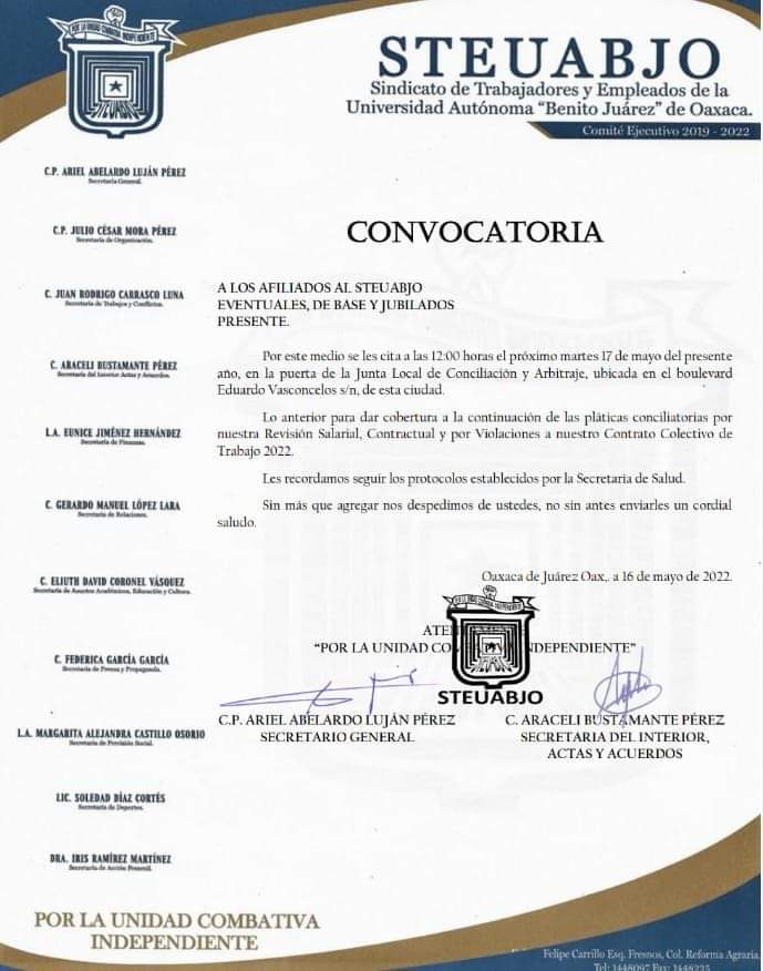 STEUABJO se movilizará en la Junta Local de Conciliación y Arbitraje