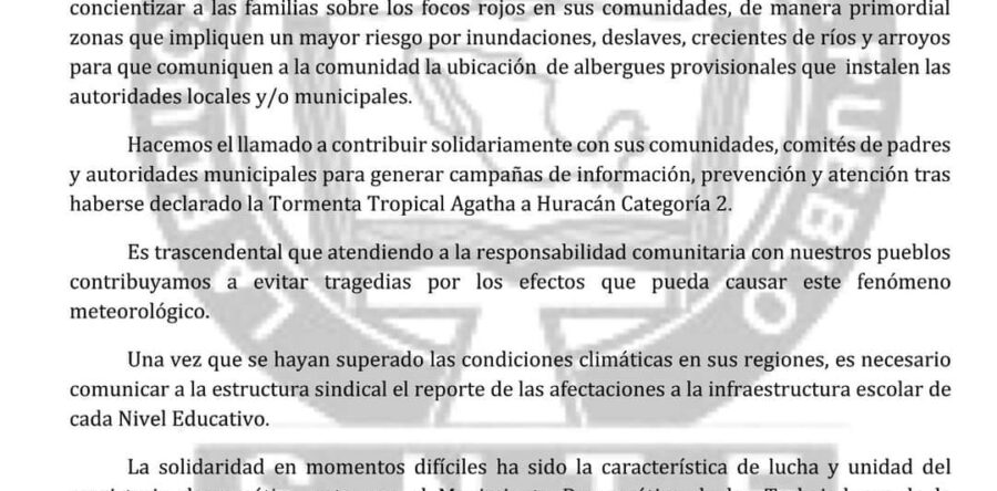 S-22 suspende clases presenciales por el huracán Agatha
