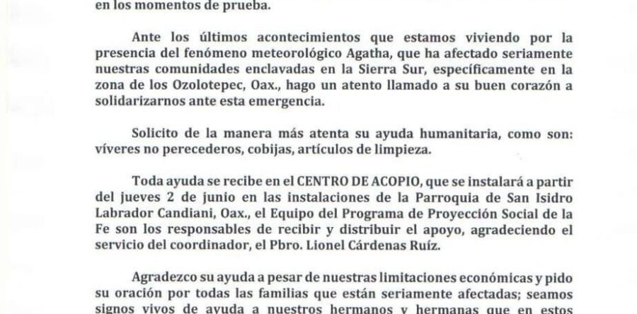 Instaló la Arquidiócesis de Antequera Oaxaca un centro de acopio en apoyo de los damnificados por Agatha