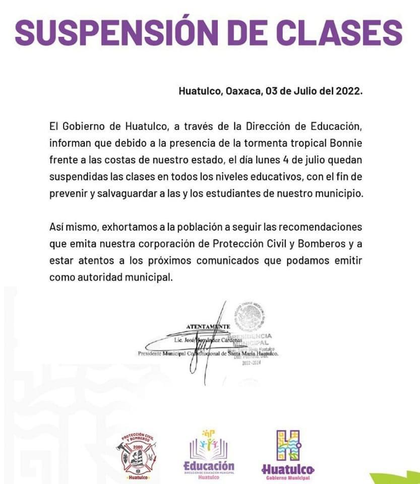 Suspenden clases en la Costa por la presencia de “Bonnie”