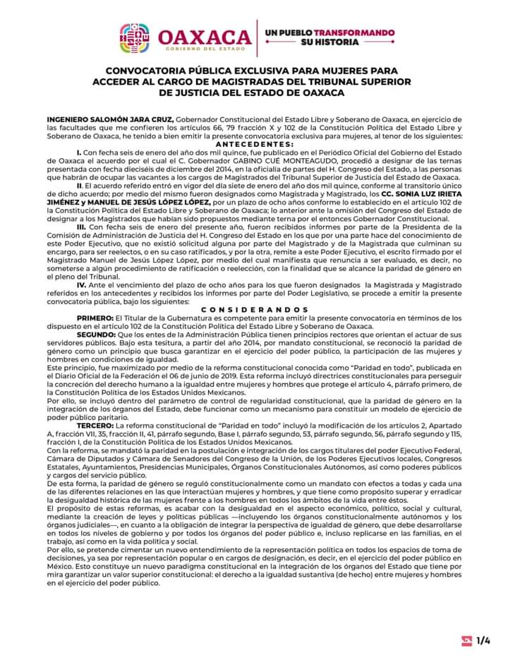 Emite Gobierno de Oaxaca convocatoria al cargo de magistradas del Tribunal Superior de Justicia