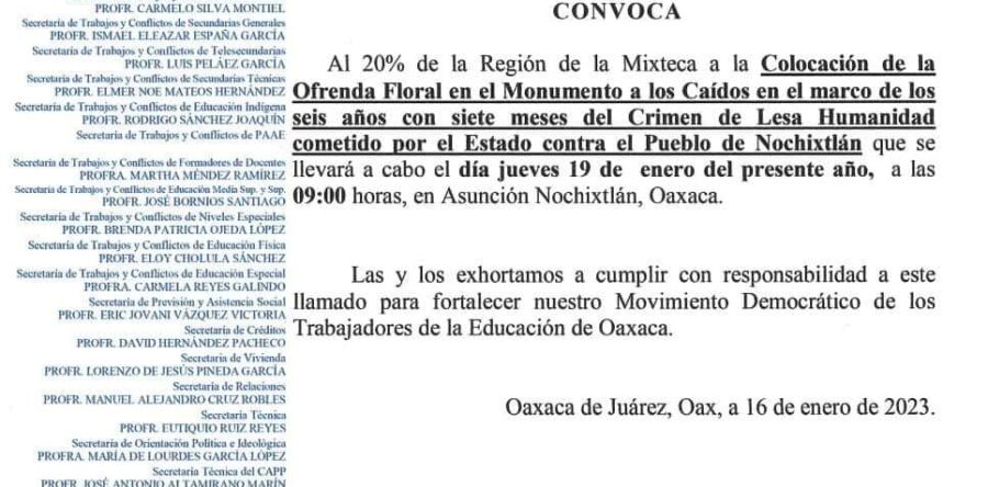 Se movilizará la Sección 22 en Nochixtlán por las víctimas del 19 de junio de 2016