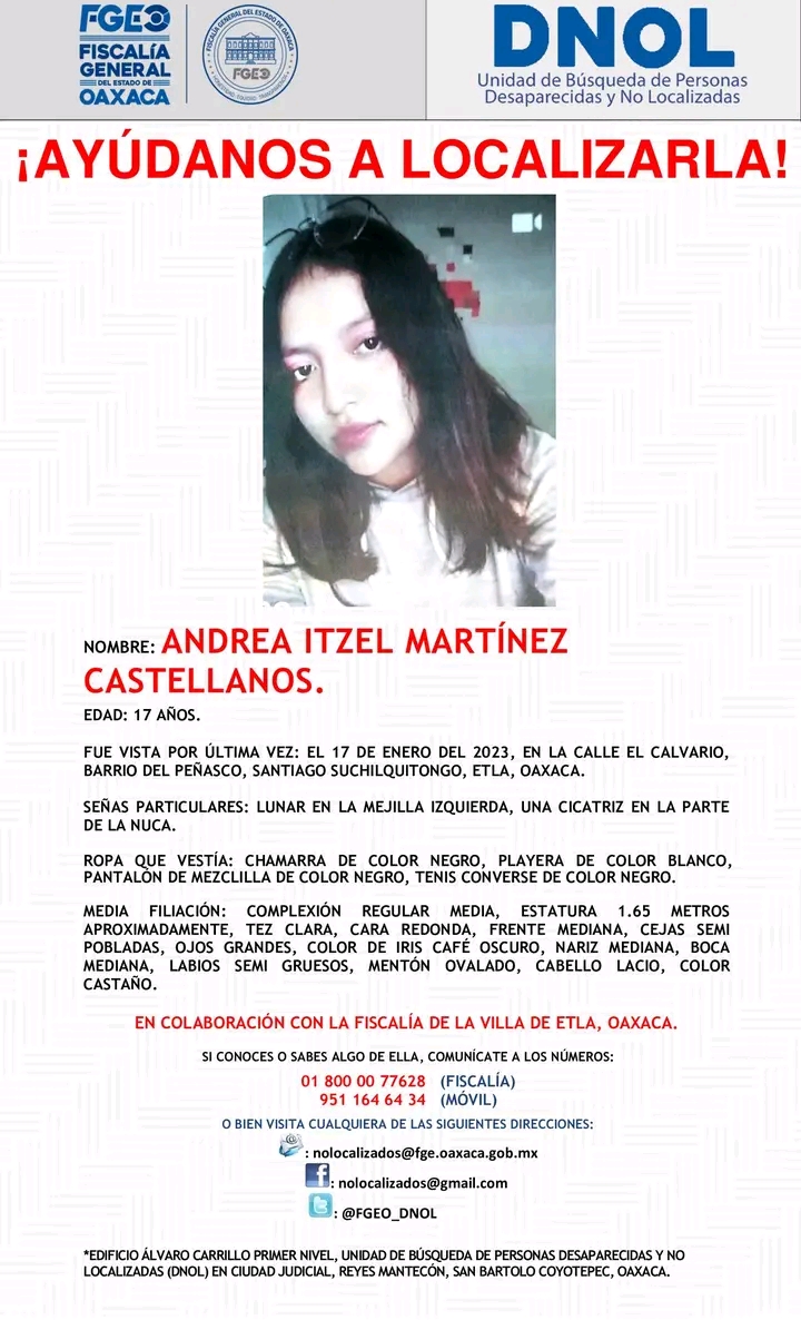 Piden apoyo para localizar a Andrea Itzel Martínez Castellanos de Suchilquitongo