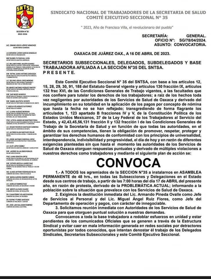 En paro de labores trabajadores de la Sección 35 de Salud