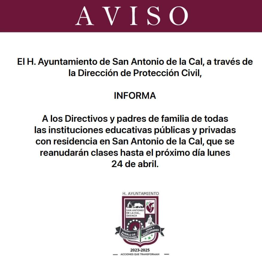 Continúa la suspensión de clases en escuelas de San Antonio de la Cal