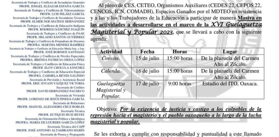 Anuncia la Sección XXII la Guelaguetza Magisterial y Popular 2023