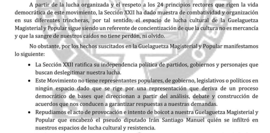 Irán Santiago Manuel no representa la lucha magisterial: Sección XXII