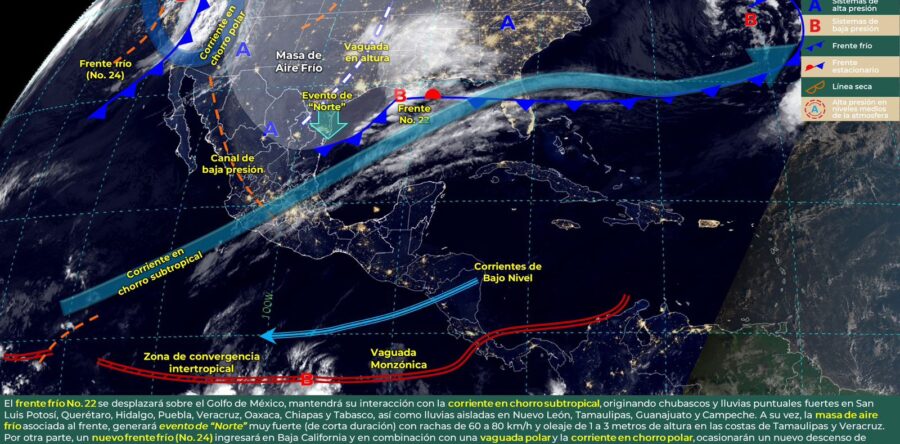 Frente frío número 22 dejará lluvias, temperaturas bajas y evento de norte en el estado
