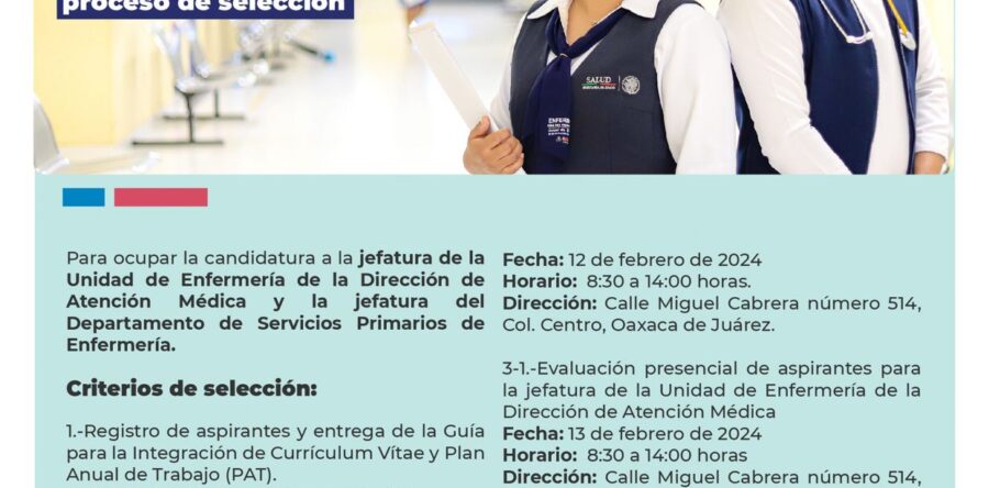 Invita SSO a ocupar jefaturas de Unidad de Enfermería y Departamento de Servicios Primarios